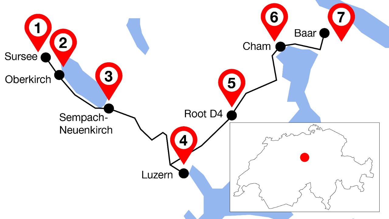 Die Grafik zeigt den Streckenverlauf von Sursee nach Baar mit sieben markierten Highlights an dieser Linie.