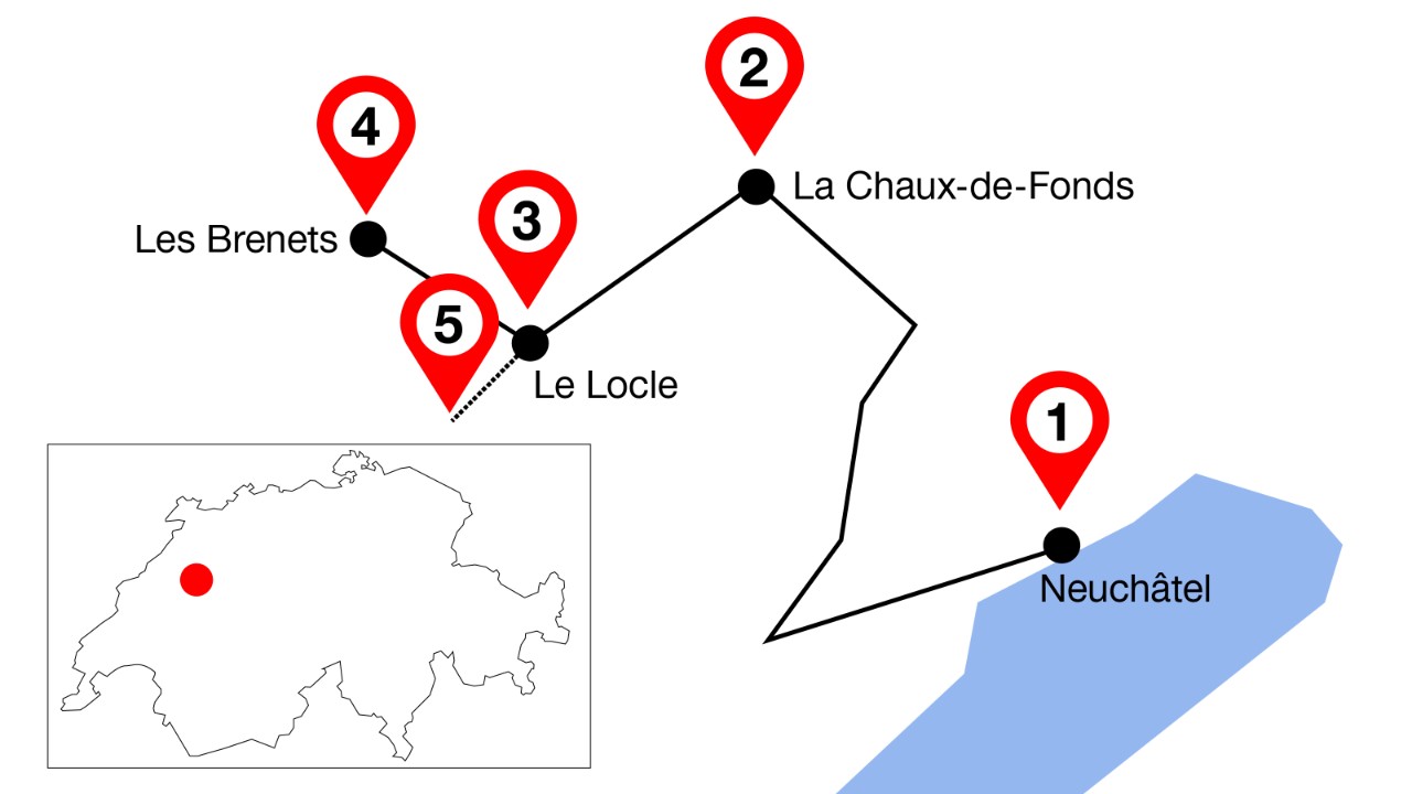 La mappa mostra il percorso da Neuchâtel a Le Locle con cinque punti di interesse lungo il tragitto. 