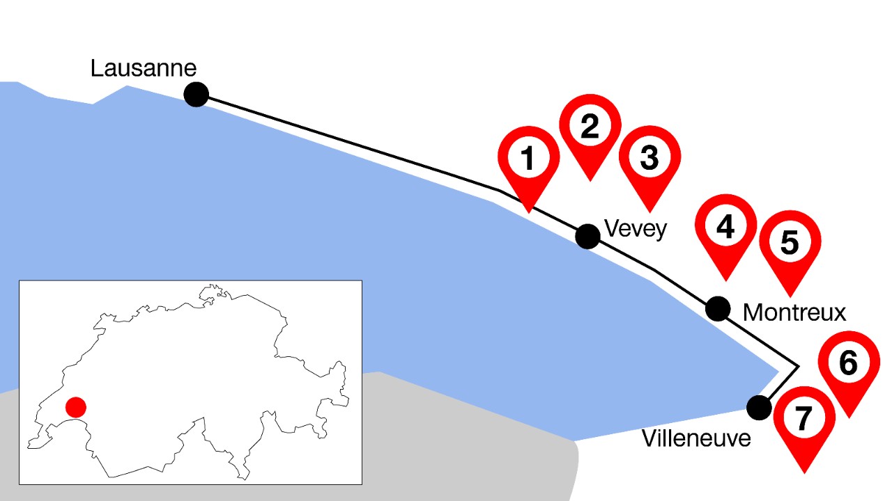 Die Grafik zeigt den Streckenverlauf entlang des Genfersees von Lausanne über Vevey und Montreux nach Villeneuve mit markierten Highlights in diesen 3 Städten.