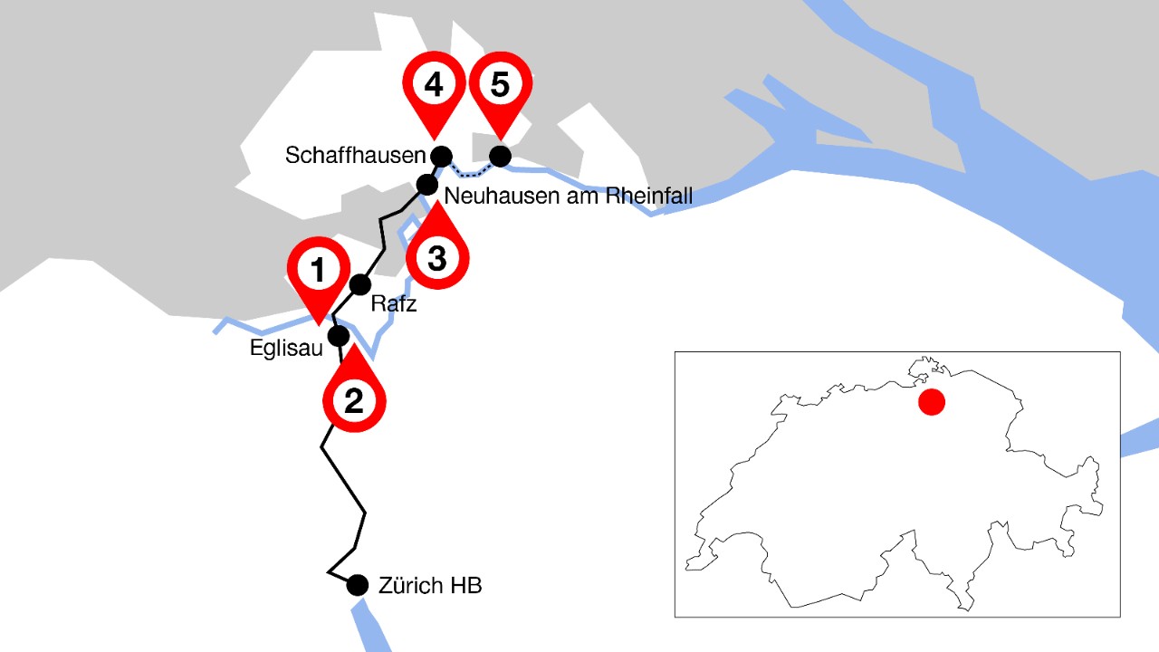 Die Grafik zeigt den Streckenverlauf von Zürich nach Schaffhausen mit fünf markierten Highlights an dieser Linie.