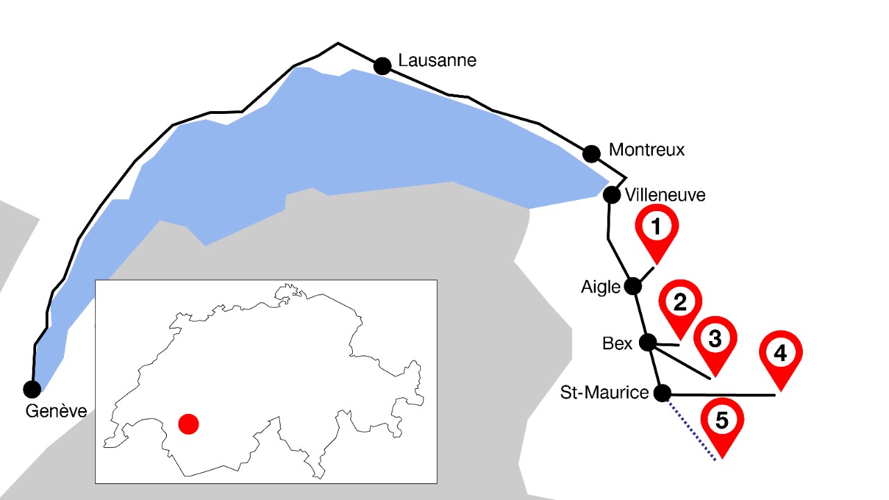 La carte montre le tracé de la ligne entre Genève et Saint-Maurice avec cinq lieux incontournables mis en évidence le long du parcours. 