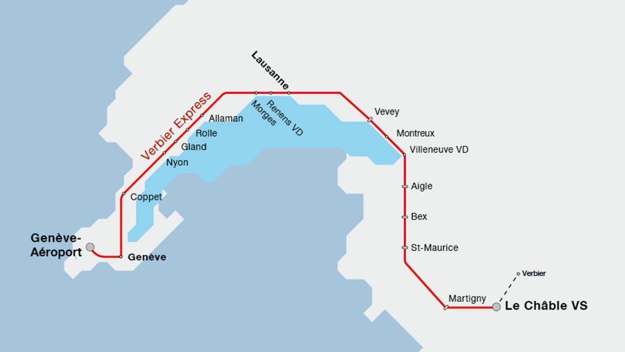 Die Karte zeigt den Streckenverlauf des Verbier Express vom Genfer Flughafen nach Le Châble.