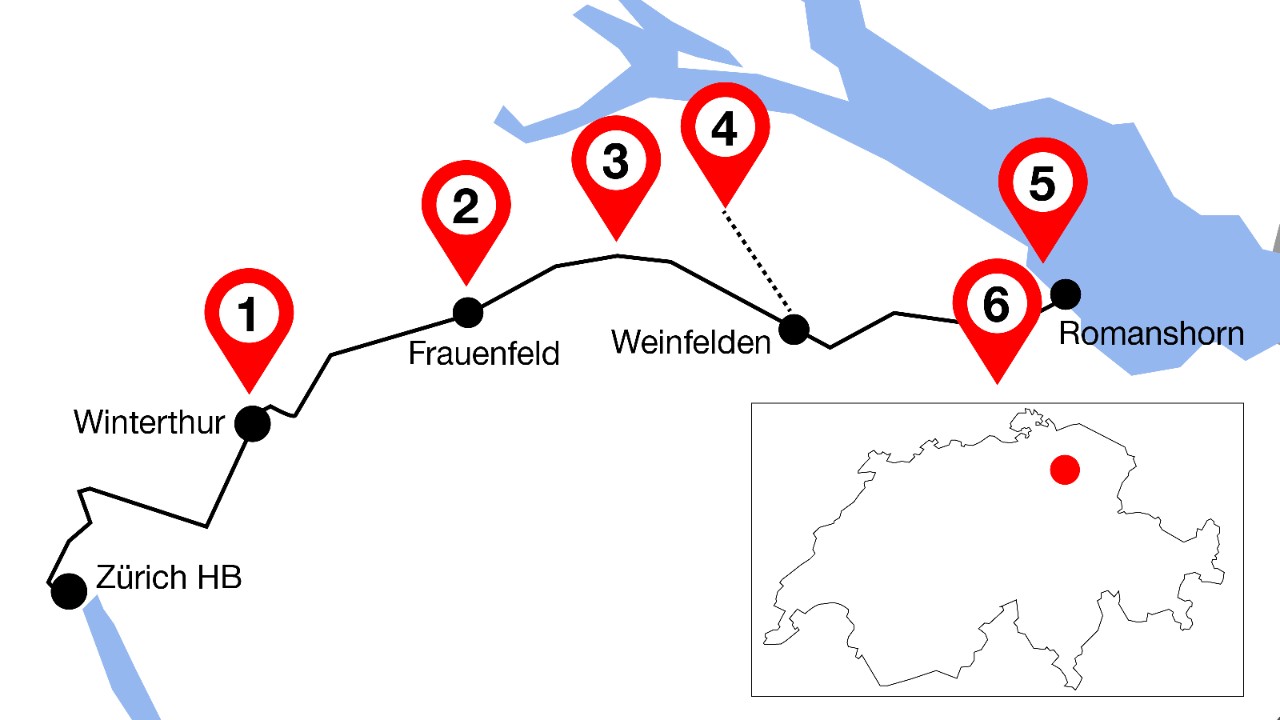 Die Grafik zeigt den Streckenverlauf von Winterthur nach Romanshorn mit sechs markierten Highlights an dieser Linie.