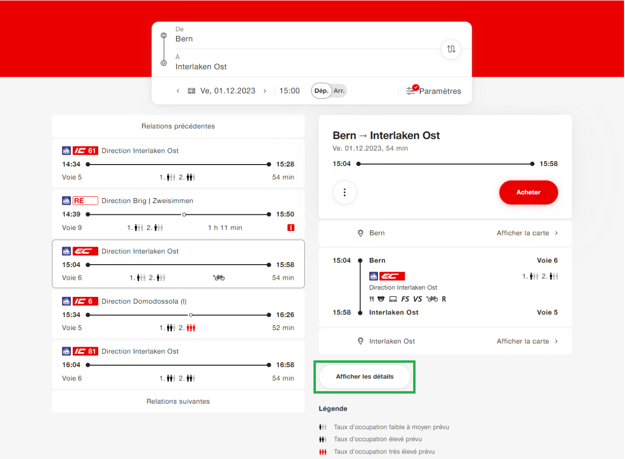 Sélectionnez la relation souhaitée dans l’horaire disponible sur CFF.ch, puis cliquez sur le bouton «Afficher les détails».