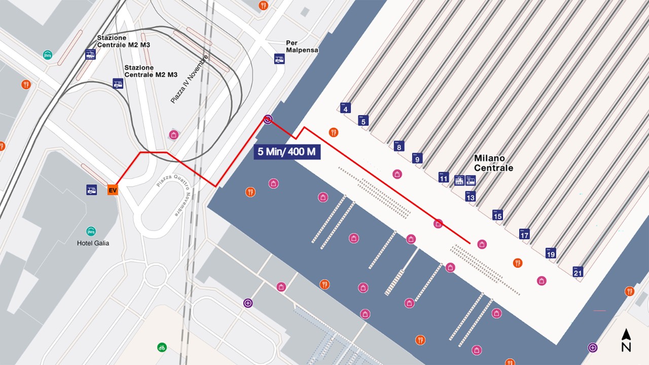 Auf der Karte ist der Bahnhof Milano Centrale aus der Vogelperspektive abgebildet, Süden ist am unteren, Norden am oberen Ende des Kartenausschnitts. Um zum Ersatzbus zu gelangen, gehen Sie vom Perron ans Kopfende des Bahnhofs, dann Richtung Hauptausgang, nehmen den Ausgang rechts, Richtung Piazza IV Novembre und gehen bis zum Hotel Gallia. Der Fussweg ist etwa 400 m lang und dauert 5 Minuten.