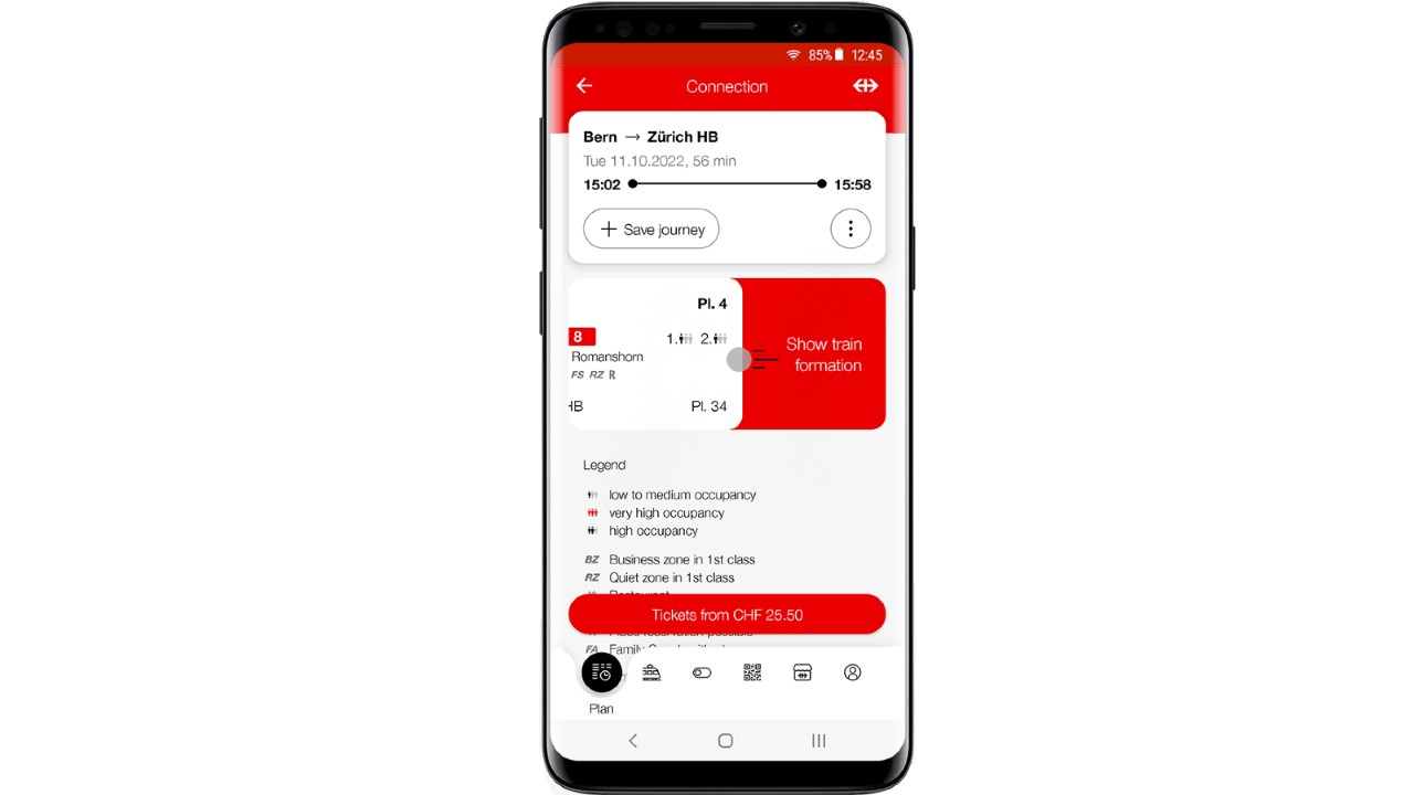 Choose a connection in the SBB Mobile app. Then swipe the connection from right to left.