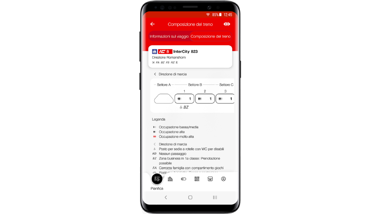 Dopo lo scorrimento, viene presentata la composizione del treno insieme a informazioni come la direzione di marcia, i settori sul marciapiede, le carrozze accessibili senza barriere e le previsioni dell’occupazione.