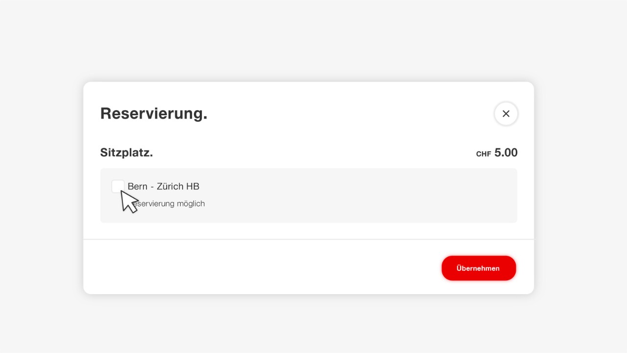 Sofern Plätze frei sind, erfolgt bei den gewünschten Strecken der Hinweis «Reservierung möglich». Klicken Sie auf die Checkbox für die gewünschte(n) Strecke(n) und bestätigen Sie mit «Übernehmen». Danach erscheint die Auswahl an möglichen reservierbaren Abteilen.