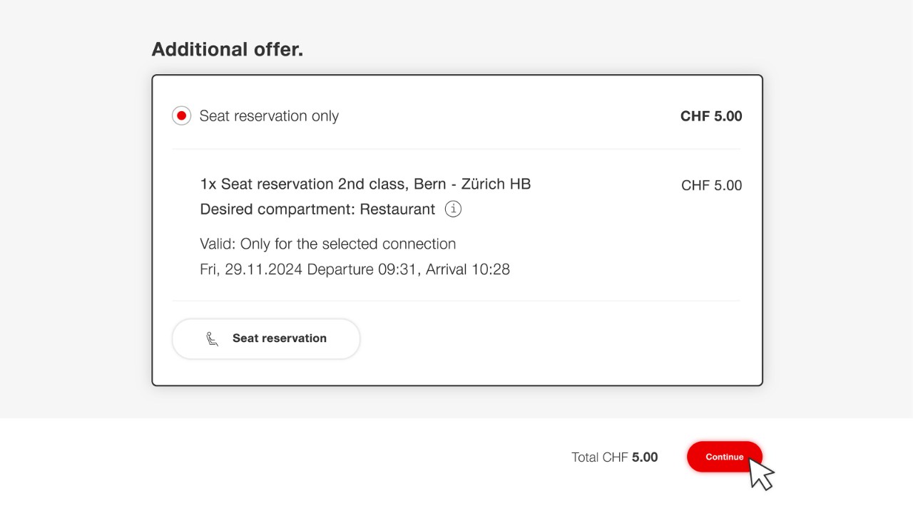 You can now see your seat reservation in the SBB Restaurant for the route you have chosen. Click on “Weiter” [“Continue”] and complete your purchase. 
You will receive an e-mail confirmation right away with a QR code. Present this QR code (or the reservation you have saved or printed out as a PDF) in the dining car/bistro. You will be shown to your reserved seat and can enjoy your CHF 5 credit. 
Tip: If you are logged in and have linked your login to SBB Mobile, you can also show the reservation in the app.